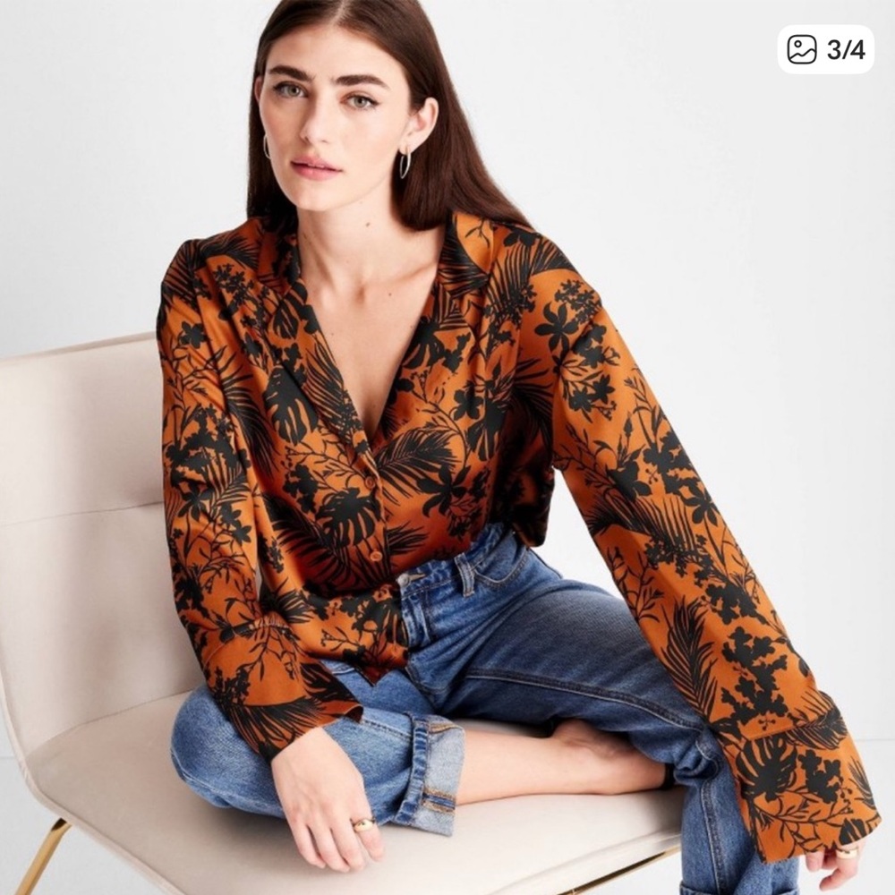 Future Collective Kahlana Barfield Brown Black Brown Palm Satin Blouse